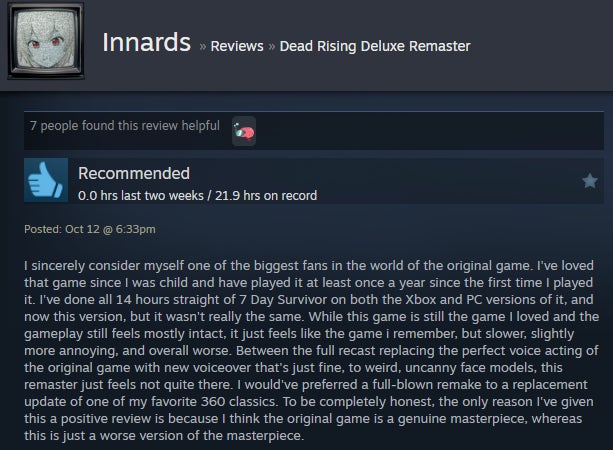 Image from the Dead Rising Deluxe Remastered article, as described in the Steam review